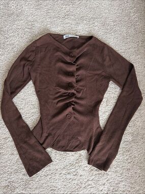 Zara Chocolate Brown Ruched Button-Front Long Sleeve Top